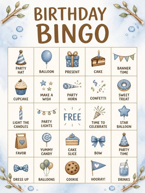 Bingo grid in the Watercolor Beaver Wood 2nd Birthday design
