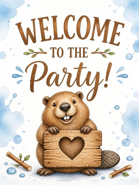 Welcome sign in the Watercolor Beaver Wood 2nd Birthday design