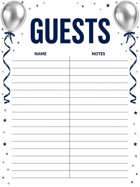 Guest sign-in sheet in the Silver Balloon Navy 70th Birthday design