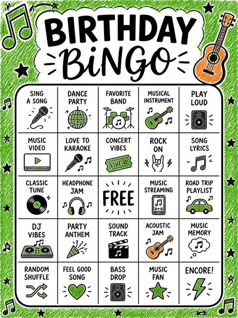 Bingo grid in the Crayon Sketch Guitar Music 6th Birthday design