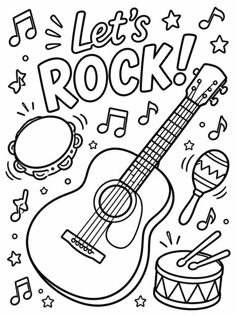 Coloring sheet in the Crayon Sketch Guitar Music 6th Birthday design