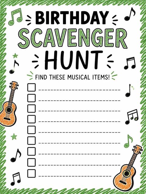 Scavenger hunt in the Crayon Sketch Guitar Music 6th Birthday design