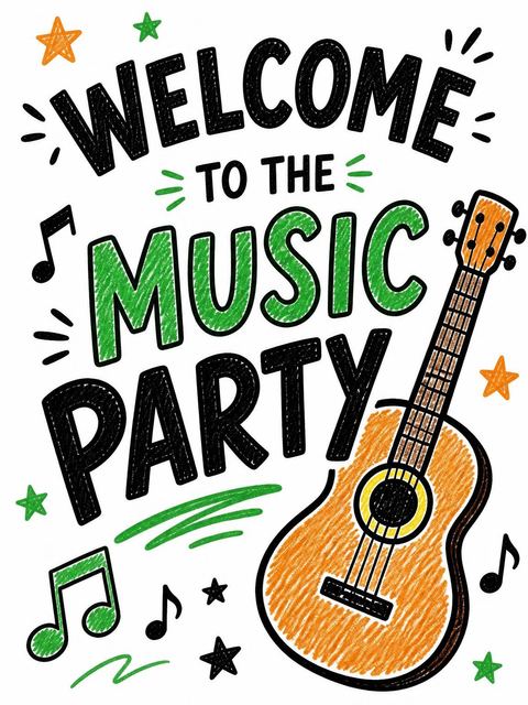 Welcome sign in the Crayon Sketch Guitar Music 6th Birthday design