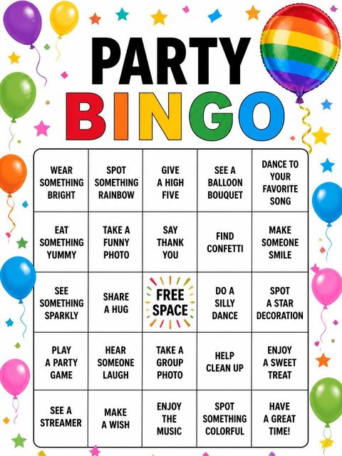 Bingo grid in the Rainbow Balloon Border 4th Birthday Invitation design
