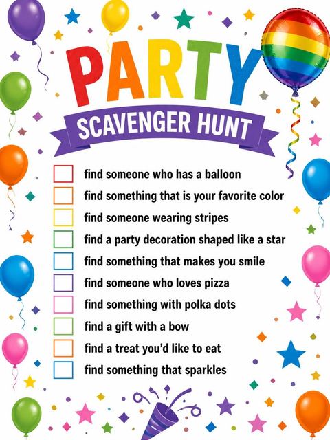 Scavenger hunt in the Rainbow Balloon Border 4th Birthday Invitation design