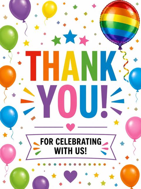 Thank-you flat in the Rainbow Balloon Border 4th Birthday Invitation design