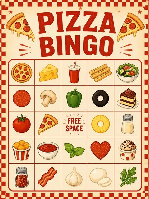 Bingo grid in the Pepperoni Pizza Number 8 Birthday design