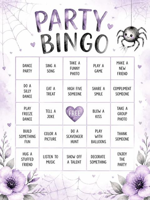 Bingo grid in the Caught in a Web of Fun 7th Birthday design