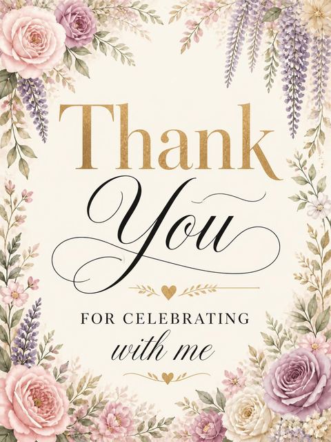 Thank-you flat in the Gold Foil Wisteria Floral 40th Birthday design