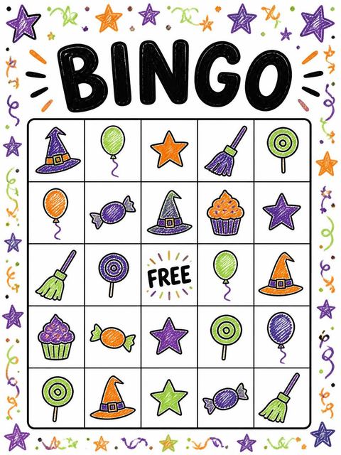 Bingo grid in the Crayon Witch Hat 3rd Birthday design