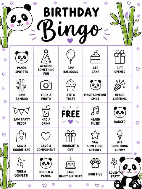 Bingo grid in the Crayon Panda Bamboo First Birthday design