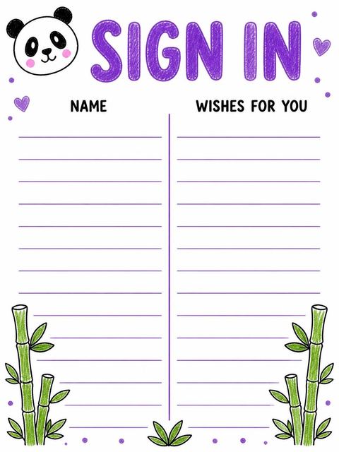Guest sign-in sheet in the Crayon Panda Bamboo First Birthday design