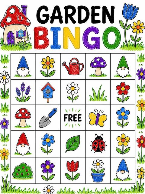 Bingo grid in the Crayon Gnome Mushroom 3rd Birthday design