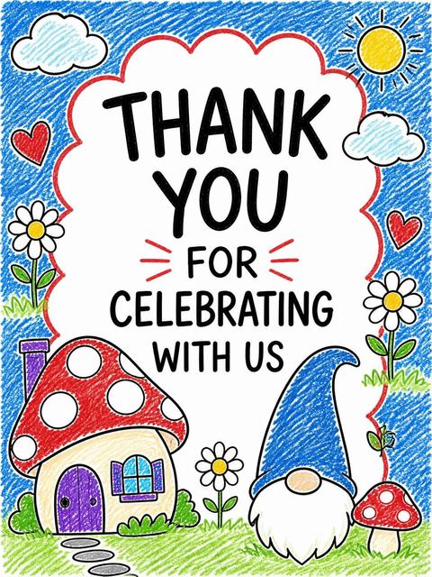 Thank-you flat in the Crayon Gnome Mushroom 3rd Birthday design