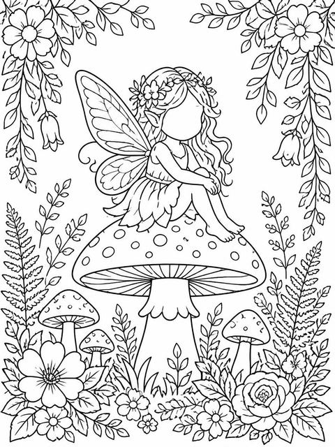 Coloring sheet in the Watercolor Fairy Mushroom 4th Birthday Invitation design