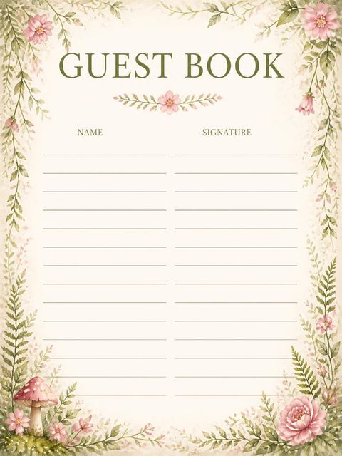 Guest sign-in sheet in the Watercolor Fairy Mushroom 4th Birthday Invitation design