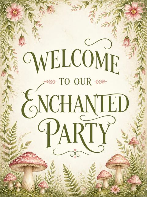 Welcome sign in the Watercolor Fairy Mushroom 4th Birthday Invitation design