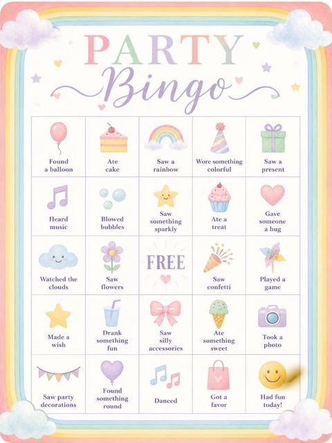 Bingo grid in the Pastel Watercolor Rainbow 3rd Birthday Invitation design