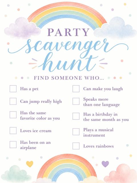 Scavenger hunt in the Pastel Watercolor Rainbow 3rd Birthday Invitation design