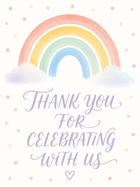 Thank-you flat in the Pastel Watercolor Rainbow 3rd Birthday Invitation design