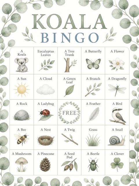 Bingo grid in the Watercolor Koala Eucalyptus 9th Birthday Invitation design