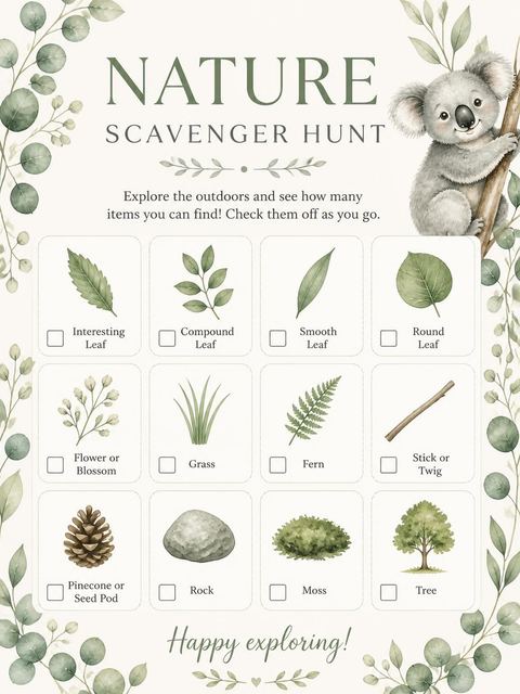 Scavenger hunt in the Watercolor Koala Eucalyptus 9th Birthday Invitation design