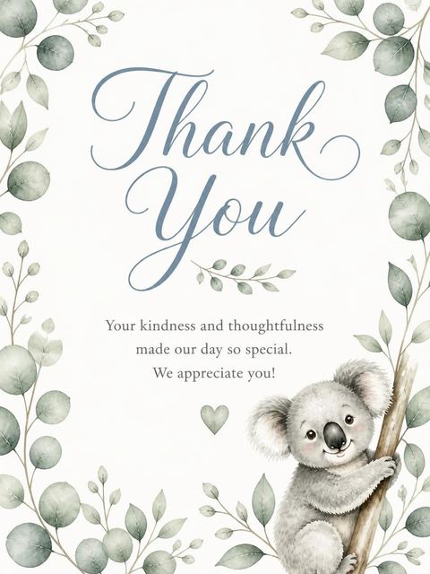 Thank-you flat in the Watercolor Koala Eucalyptus 9th Birthday Invitation design