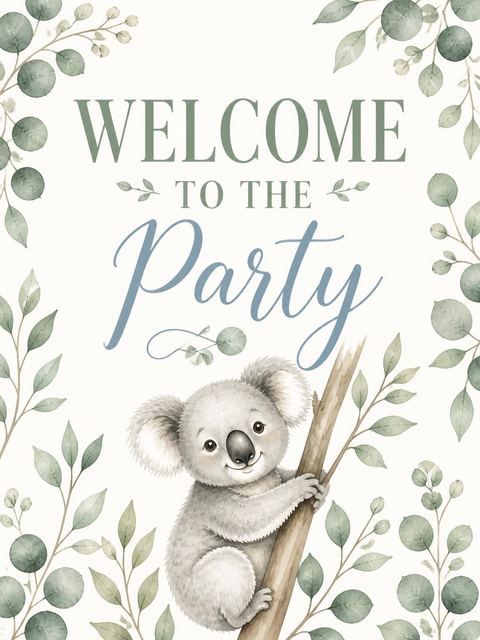Welcome sign in the Watercolor Koala Eucalyptus 9th Birthday Invitation design