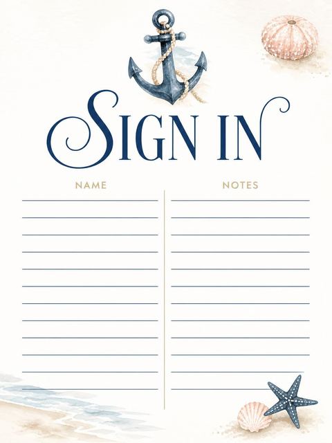 Guest sign-in sheet in the Watercolor Nautical Anchor Beach Party design