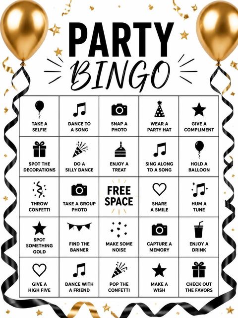 Bingo grid in the Metallic Gold Balloon Birthday Invitation design