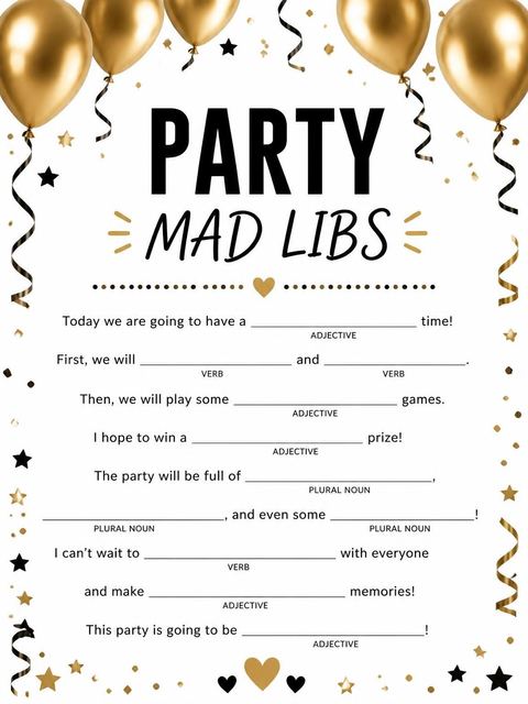 Mad libs in the Metallic Gold Balloon Birthday Invitation design