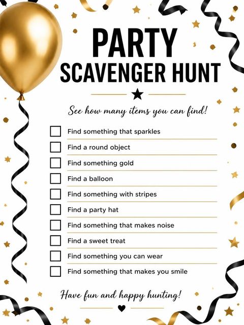 Scavenger hunt in the Metallic Gold Balloon Birthday Invitation design