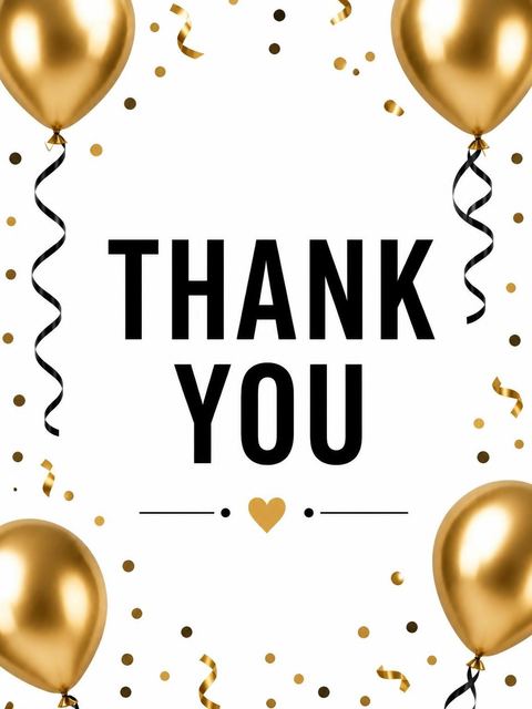 Thank-you flat in the Metallic Gold Balloon Birthday Invitation design