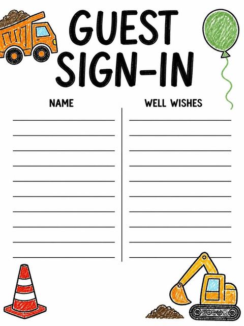 Guest sign-in sheet in the Crayon Texture Construction 2nd Birthday design