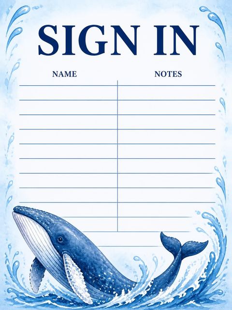 Guest sign-in sheet in the Watercolor Whale 1st Birthday Invitation design
