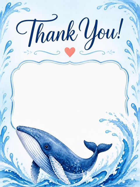 Thank-you flat in the Watercolor Whale 1st Birthday Invitation design