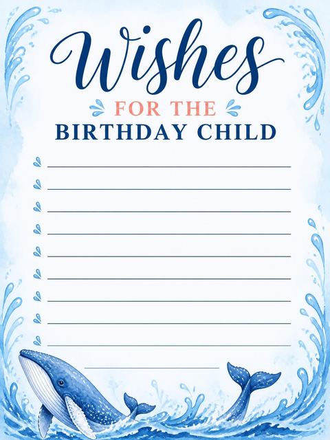 Wishes page in the Watercolor Whale 1st Birthday Invitation design