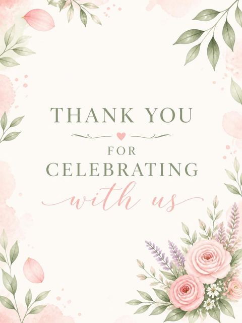 Thank-you flat in the Pink Watercolor Floral Ninth Birthday design