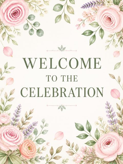 Welcome sign in the Pink Watercolor Floral Ninth Birthday design