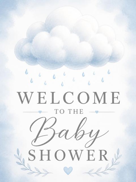Welcome sign in the Blue Watercolor Raincloud Baby Shower design