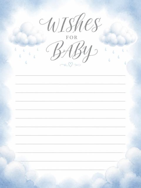 Wishes page in the Blue Watercolor Raincloud Baby Shower design