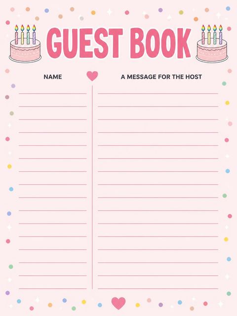 Guest sign-in sheet in the Pink Cake Rainbow Candle 4th Birthday design