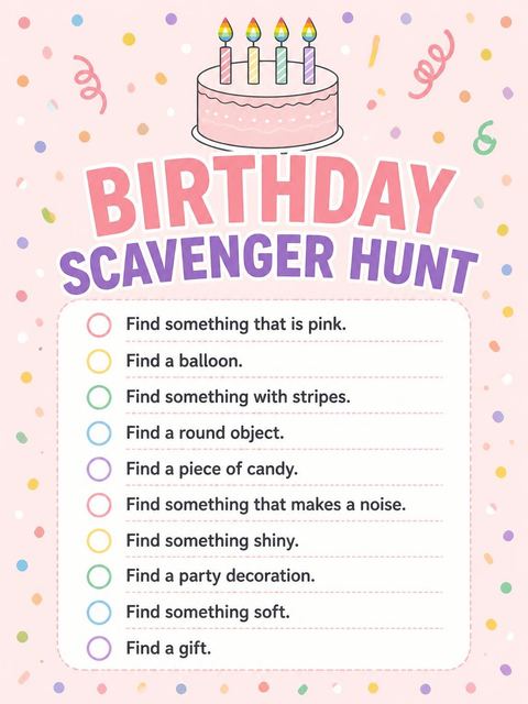 Scavenger hunt in the Pink Cake Rainbow Candle 4th Birthday design