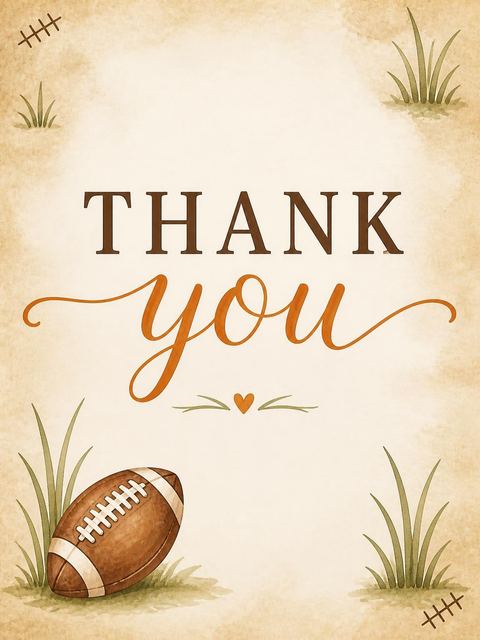Thank-you flat in the Watercolor Football 8th Birthday Invitation design