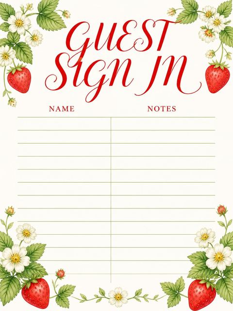 Guest sign-in sheet in the Watercolor Strawberry First Birthday Invitation design