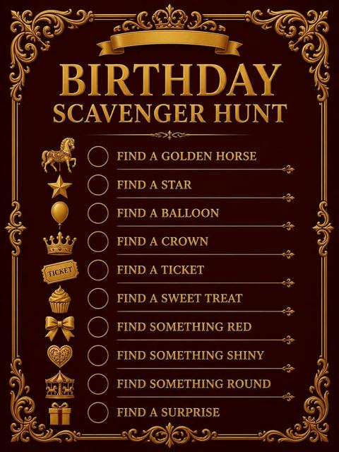 Scavenger hunt in the Burgundy Gold Carousel 4th Birthday Invitation design
