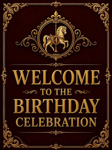 Welcome sign in the Burgundy Gold Carousel 4th Birthday Invitation design