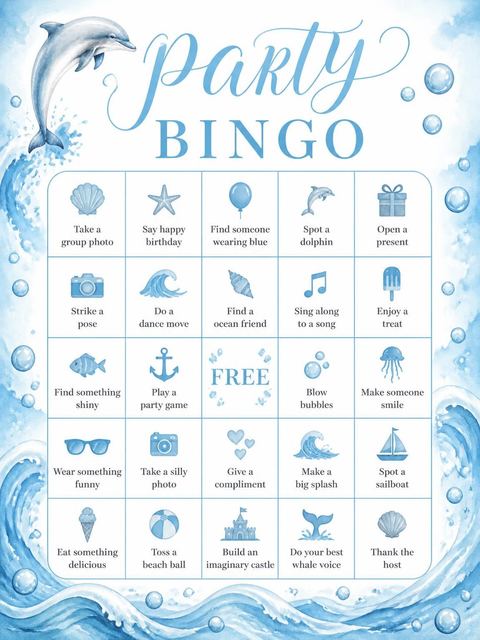 Bingo grid in the Watercolor Dolphin 5th Birthday Invitation design