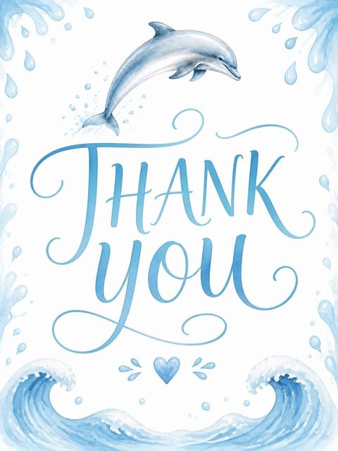 Thank-you flat in the Watercolor Dolphin 5th Birthday Invitation design