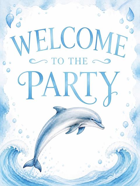 Welcome sign in the Watercolor Dolphin 5th Birthday Invitation design
